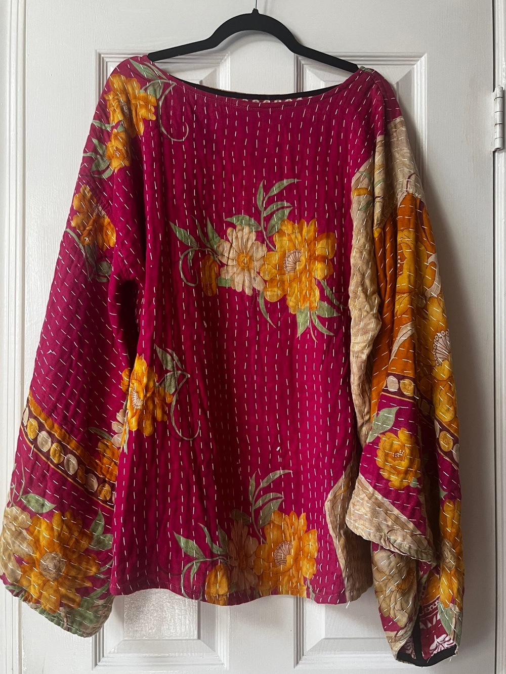 Boho Floral Patchwork Women's Top in Magenta and Mustard
